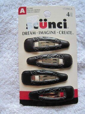 4 Scunci Black Pleather Leaf Tooling Cover Metal Snap Contour Hair Clips Conair
